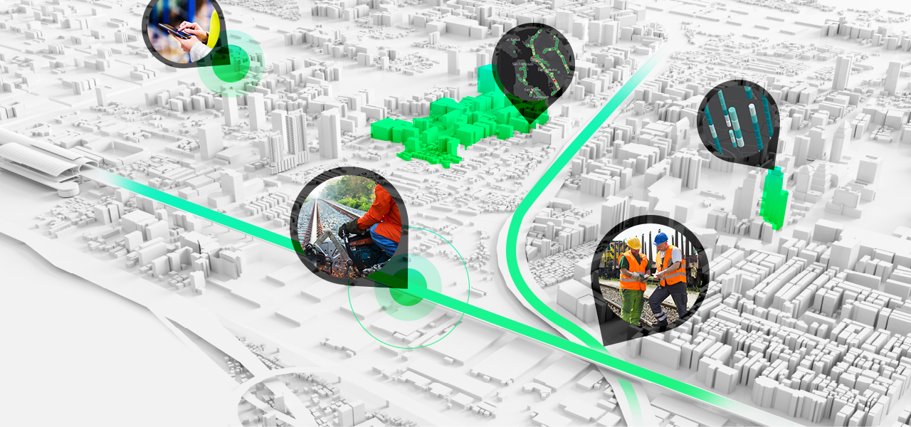 3D digital map highlights areas in asset management such as railroad repair and fieldworkers using mobile apps