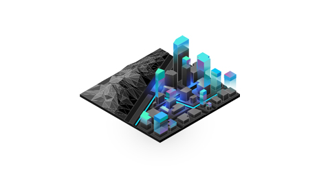 Illustrated 3D diagram shows a miniature city next to a mountain range, uses 3D modeling to identify new buildings, and shows navigation routes