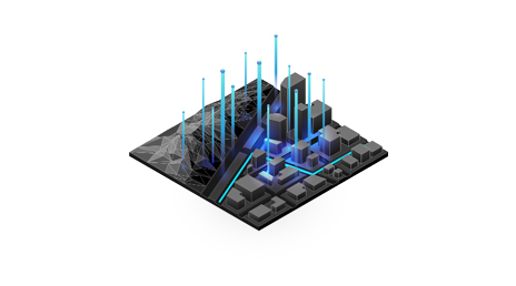 Illustrated 3D diagram shows a miniature city and hillside with colorful lines and layers representing spatial analysis