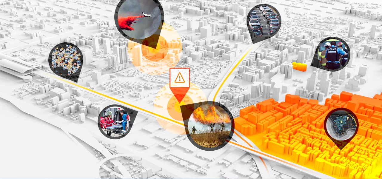 3D digital map of a city shows where fires and accidents are and where police are responding