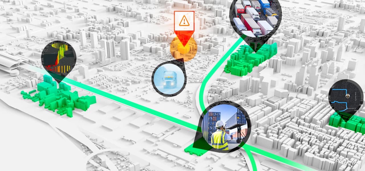 3D digital map of a city shows where logistics vehicles and containers are located in real time