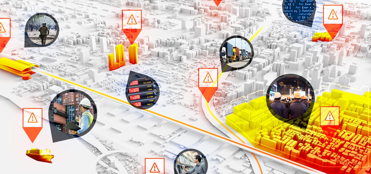 Digital map of a city marks areas where potential risks exist