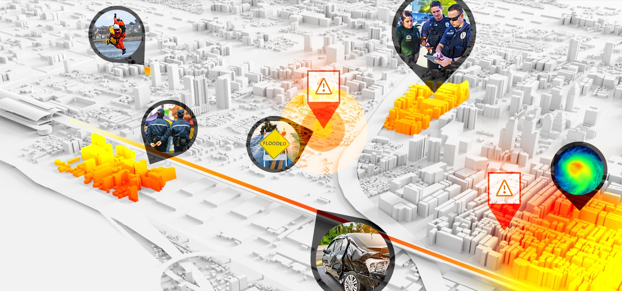 3D digital map of a city shows the locations of incidents and where officials are responding