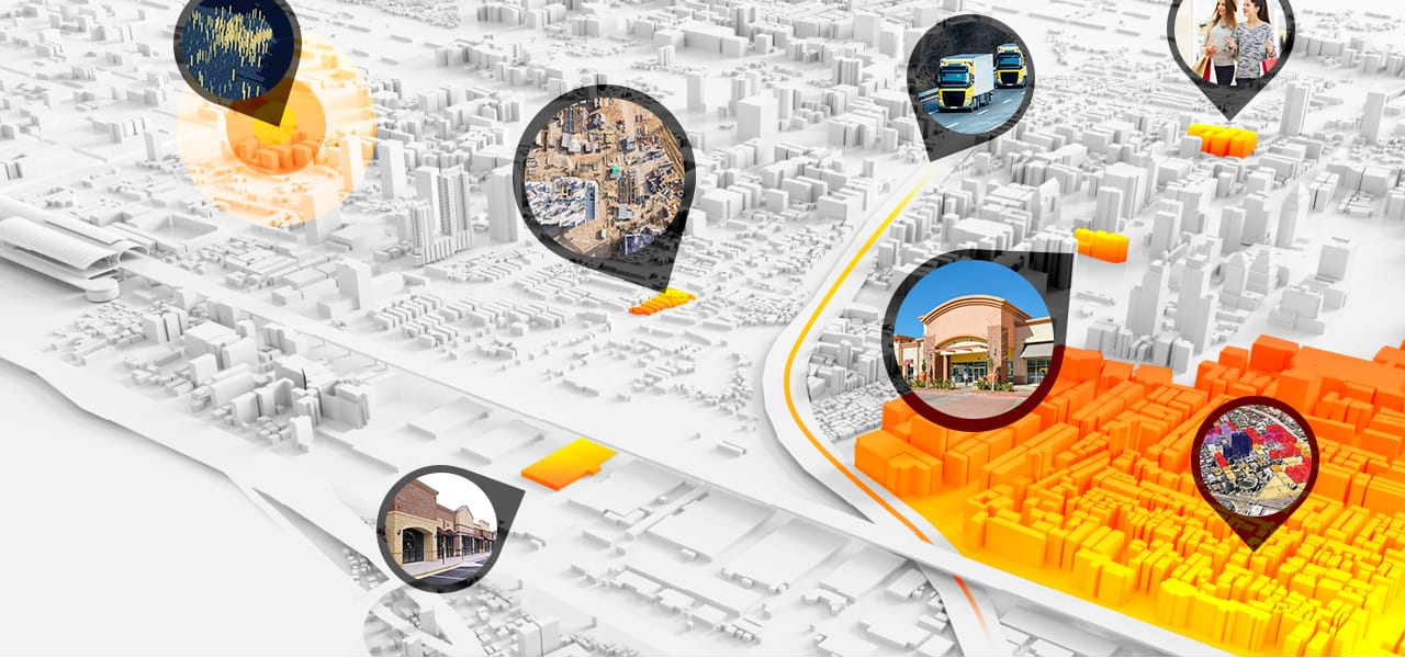 Digital map of a city shows areas available to place new stores, and traffic and demographic data to help make the placement decision