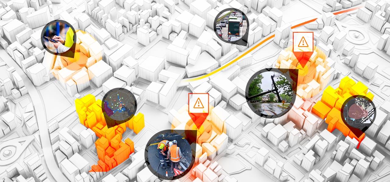 Digital 3D map of a city shows areas where incidents have occured