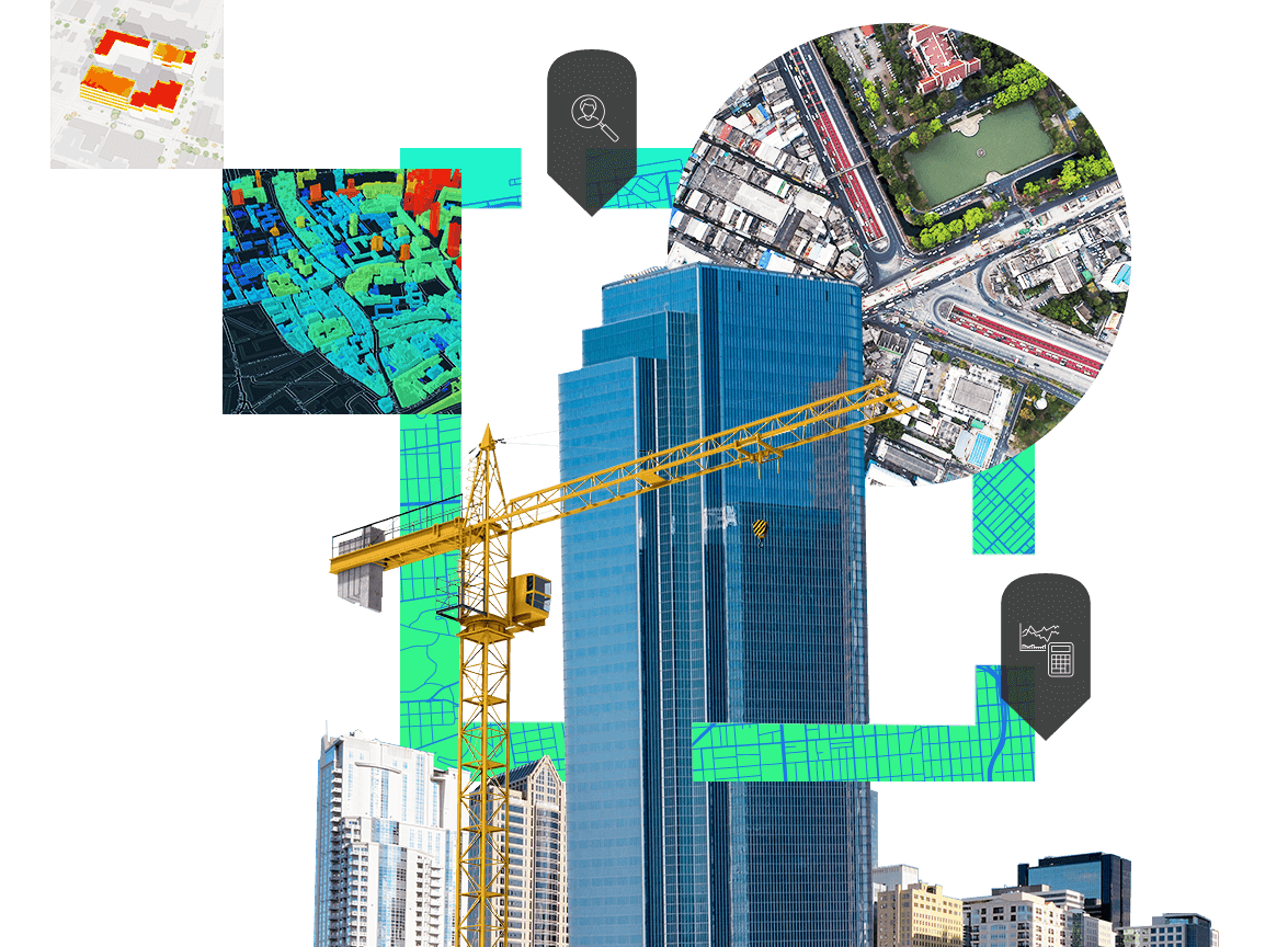 High-rise building paired with maps of its location