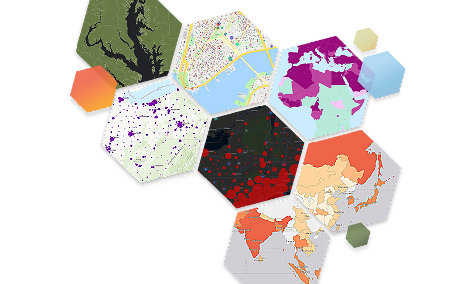 Colorful hexagons with map scenes inside