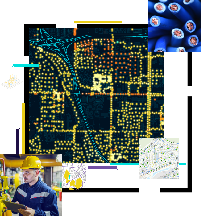 Three generic maps of various sizes with dots and lines. A man in a yellow hard hat with a tablet in his hands.