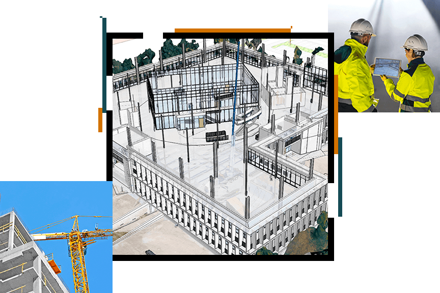 A building render in ArcGIS GeoBIM overlaid with a photo of a crane against a blue sky and a photo of workers in hard hats and bright yellow jackets looking at a tablet