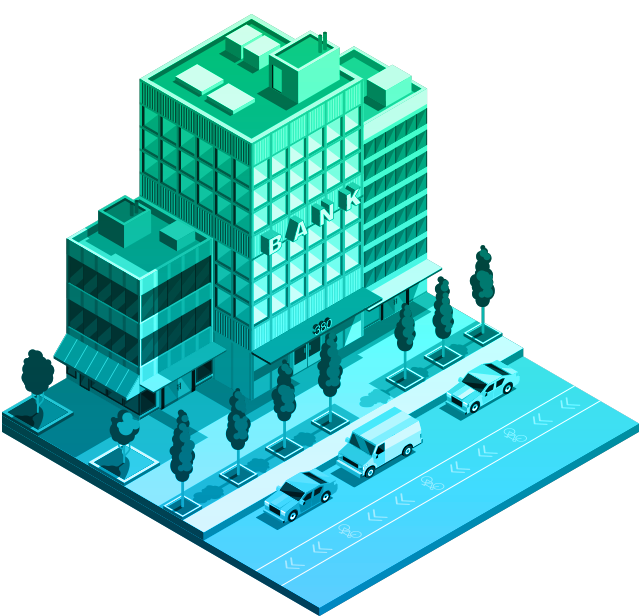 Illustration of bank building with blue to green gradient