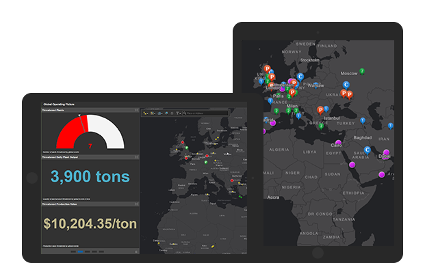 Two tablets showing a map with overlaid data and a dashboard