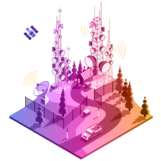 Telecommunications illustration with purple to yellow gradient